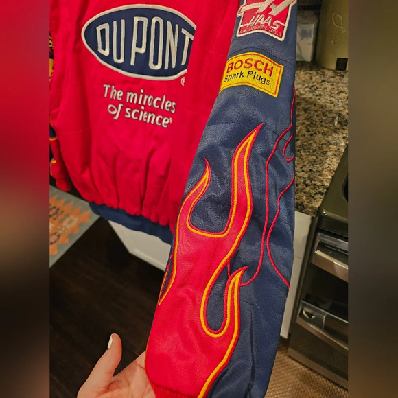 Dupont Jeff Gordon Red Racing Jacket snap front flames on sleeves Size Large - Picture 6 of 14